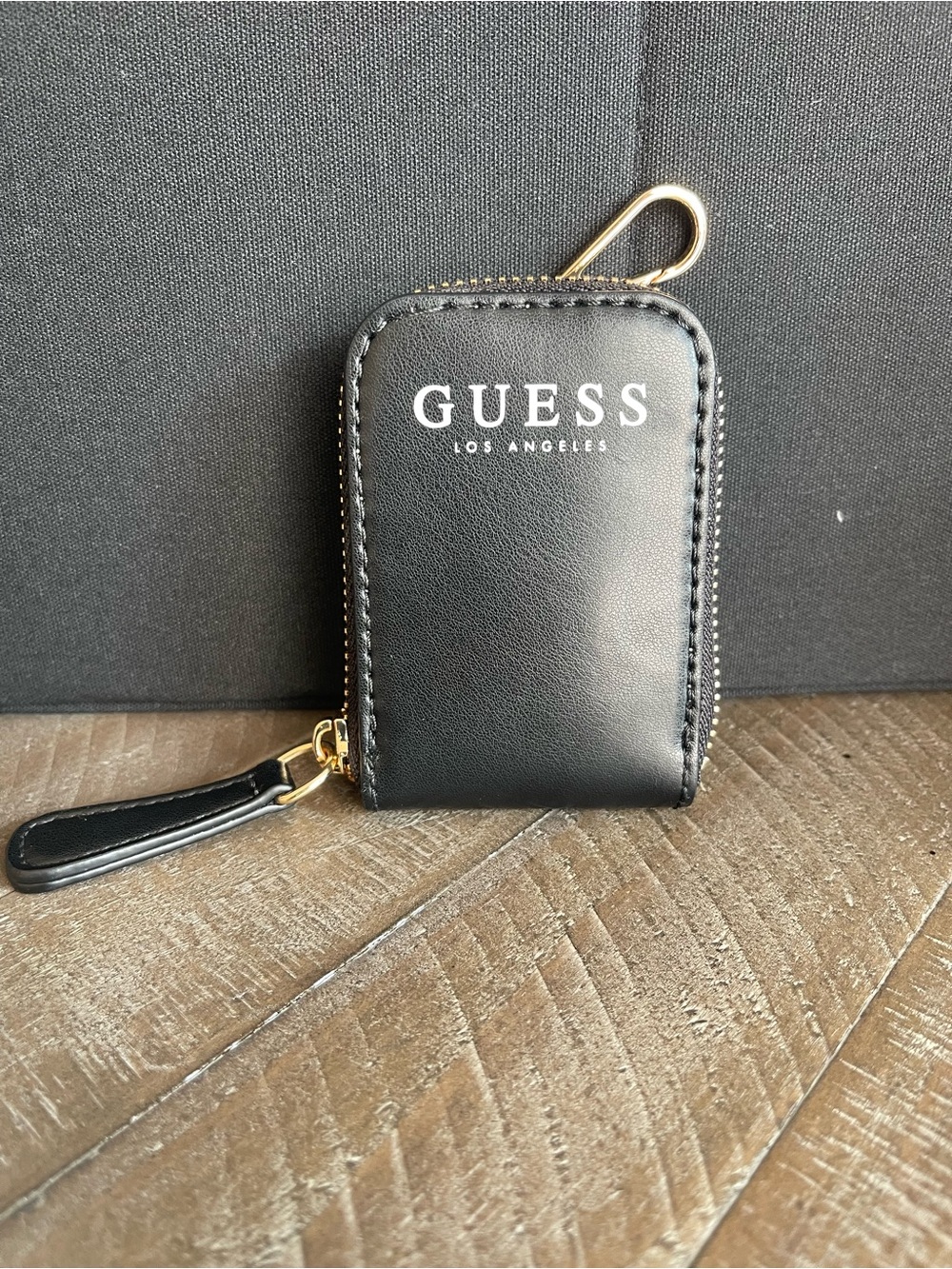 GUESS Black Leather Zip Key & Card Holder with Gold Hardware